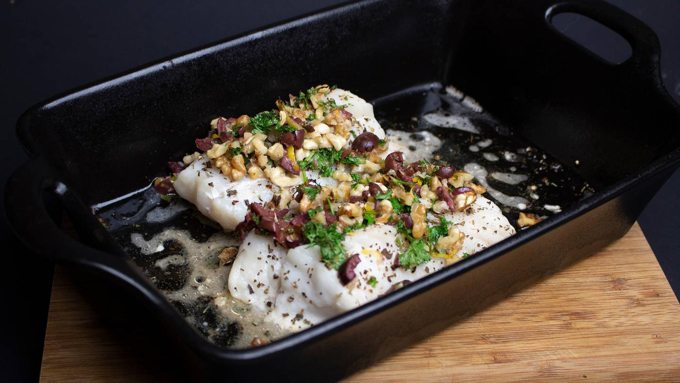 Olives and walnuts make a tasty topping for a lovely piece of monkfish, tarakihi or hoki.