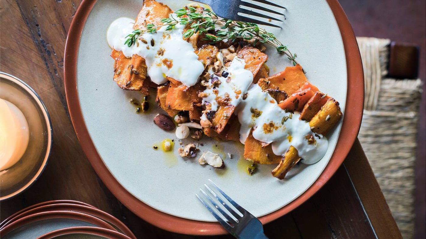 Roasted Carrot Mezze with garlic yoghurt and golden foodies Extra Virgin Olive Oil