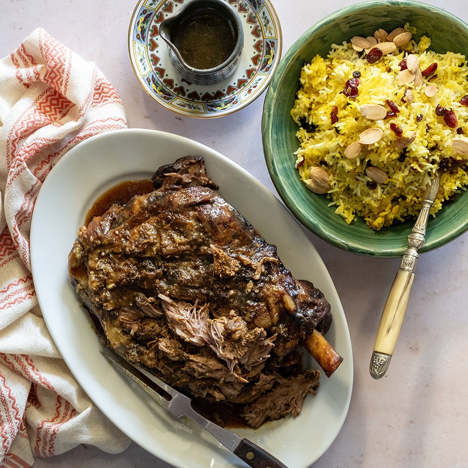 Slow cooker spice-honey lamb shoulder with jewelled rice